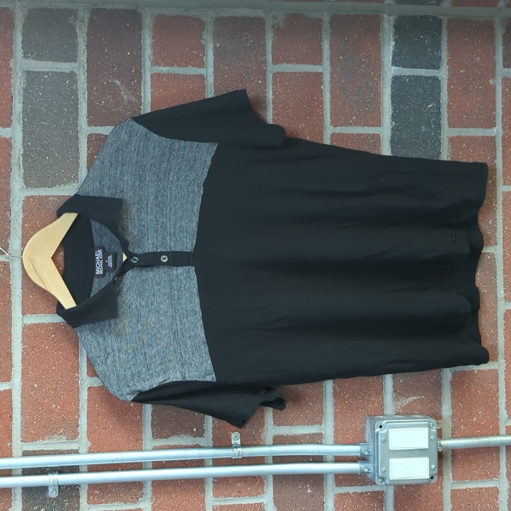 Michael Kors Linen Black Gray Color Block Button Up Short Sleeve Polo Size Small